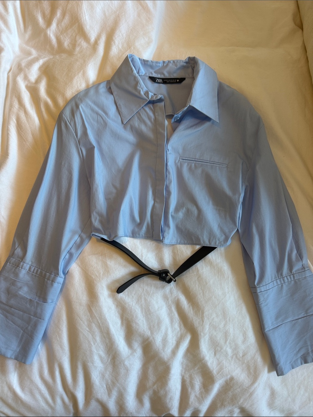 Zara Pale Blue Cropped Button-Down Shirt, cutout back with black buckle straps